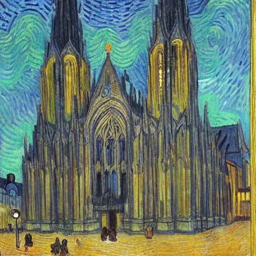 Image similar to a drawing off the aachener cathedral, painted by van gogh.