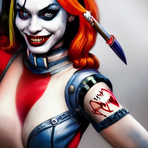 Image similar to Harley Quinn from the suicide squad, smiling, portrait, fantasy, medieval, beautiful face, vivid colrs, elegant, concept art, sharp focus, digital art, Hyper-realistic, 4K, Unreal Engine, Highly Detailed, HD, Dramatic Lighting by Brom, trending on Artstation