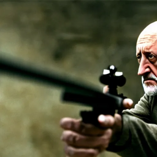 Image similar to Film still of Mike Ehrmantraut aiming with a !!!sniper rifle!!!, 4k, !!highly detailed!!