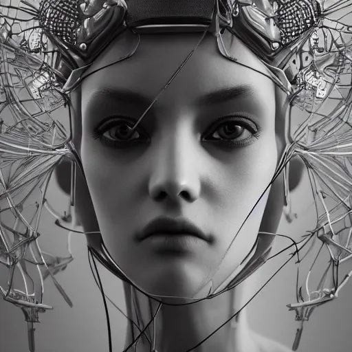 Prompt: closeup portrait of an absurdly beautiful, graceful, sophisticated, fashionable cyberpunk mechanoid gravure idol, an ultrafine hyperdetailed illustration by irakli nadar, matt wisniewski style, fashion photography, intricate linework, porcelain skin, jellyfish headdress, unreal engine 5 highly rendered, global illumination, radiant light, detailed and intricate environment