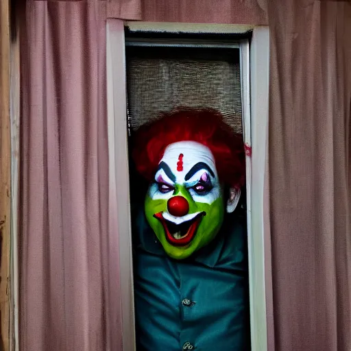 Image similar to photo of a scary clown looking through your bedroom window