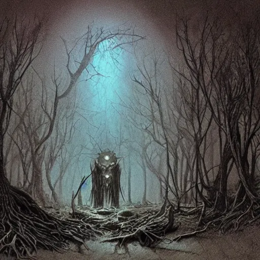Image similar to occult sacrifice in the woods, skinwalkers involved, detailed concept art beksinski style