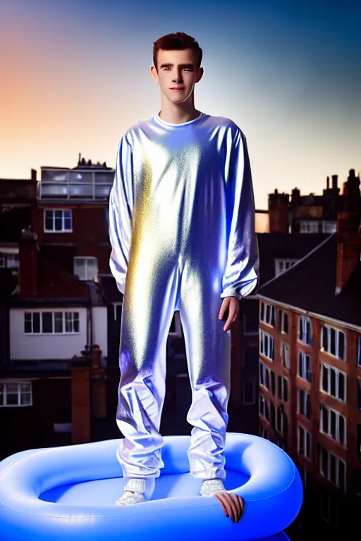 Image similar to un ultra high definition studio quality photographic art portrait of a young man standing on the rooftop of a british apartment building wearing soft baggy inflatable padded silver iridescent pearlescent clothing. three point light. extremely detailed. golden ratio, ray tracing, volumetric light, shallow depth of field. set dressed.