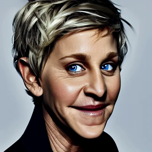 Image similar to Long hair Ellen DeGeneres, realistic, photo studio, HDR, 8k, trending on artstation