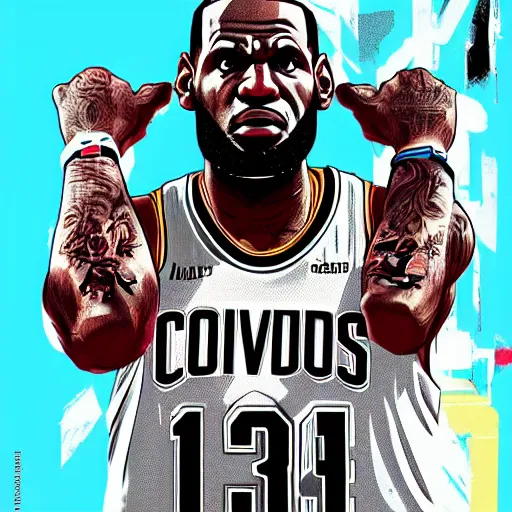 Image similar to lebron james, gta v cover art, art by stephen bliss