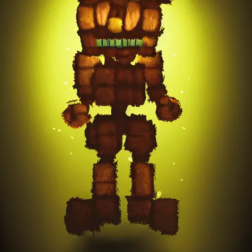 Image similar to /generate a photo of springtrap Freddy Fazbear by Simon Stalenhag, studio photography, dark grey background, softly backlit, gentle smoke effect.