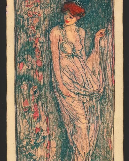 Image similar to beautiful woman by henri privat - livemont, delicate risograph