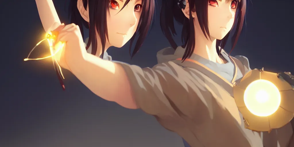 Image similar to a single beautiful anime girl holding a light source inside her hand, she wears samurai armor, expert high detail concept art, character design, perfect proportions defined face, vivid colors, photorealistic shaded lighting poster ilya kuvshinov, katsuhiro, makoto shinkai, wlop, loish and clamp style, trending on artstation, best selling artist