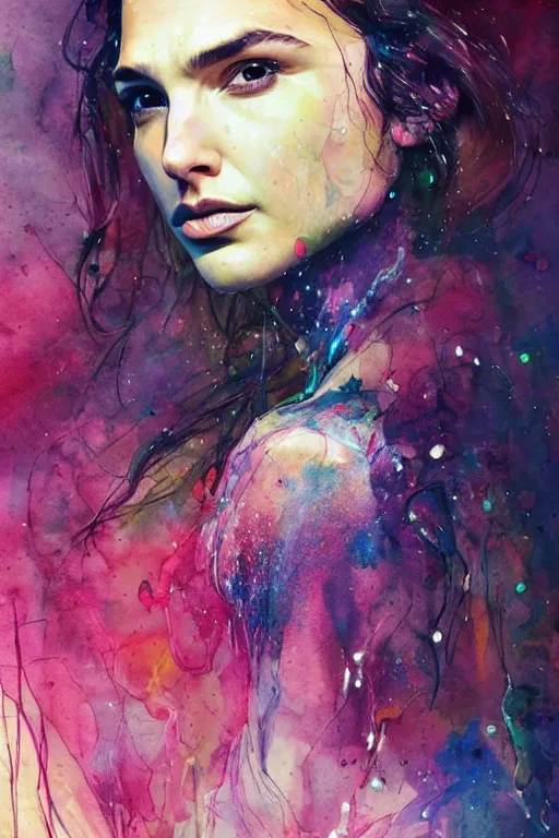 Prompt: gal gadot by agnes cecile enki bilal moebius, intricated details, sitting on table, full body portrait, extremely luminous bright design, pastel colours, drips, autumn lights