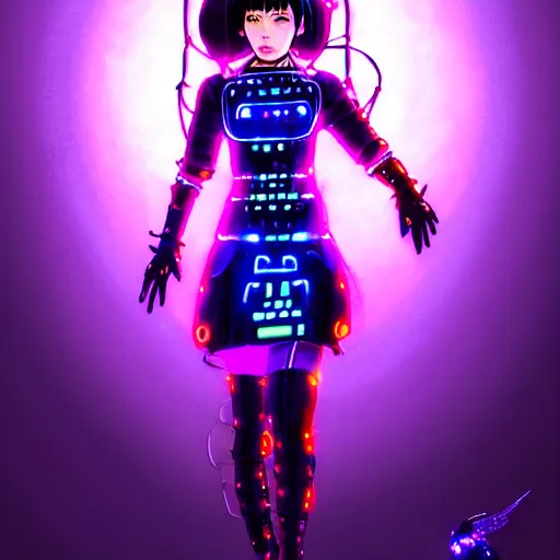 Image similar to a beautiful! bjork model, wearing futuristic cyber leather dress with incredibly intricate glowing purple led lights, jrpg aztec street fashion, gapmoe yandere grimdark, trending on pixiv fanbox, painted by greg rutkowski makoto shinkai takashi takeuchi studio ghibli, akihiko yoshida