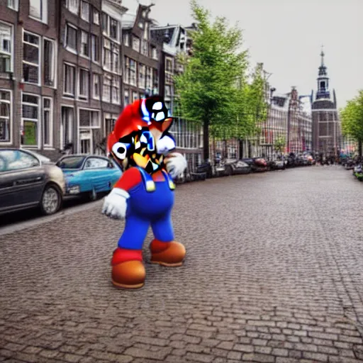 Prompt: super mario roaming the streets of amsterdam, photo, wide lens, real life, bokeh