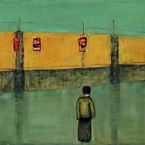 Prompt: a chinese prison near a river by peter doig, muted colors