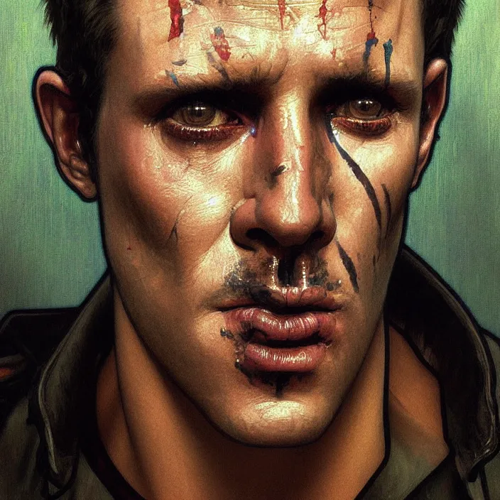 Prompt: excellent painted portrait of a replicant street vendor from blade runner (1982), cyberpunk blade runner art, character artwork, 8k resolution artwork, trending on artstation, detailed oil painting portrait, art by artgerm and greg rutkowski and alphonse mucha and craig mullins and James Jean and Andrei Riabovitchev and Marc Simonetti and peter mohrbacher, matte painting