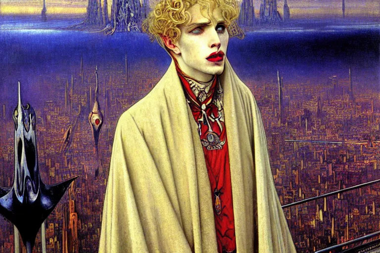 Image similar to realistic extremely detailed closeup portrait painting of an elegant blond male vampire in a cape, detailed crowded futuristic city street on background by Jean Delville, Amano, Yves Tanguy, Ilya Repin, Alphonse Mucha, William Holman Hunt, Ernst Haeckel, Edward Robert Hughes, Roger Dean, rich moody colours