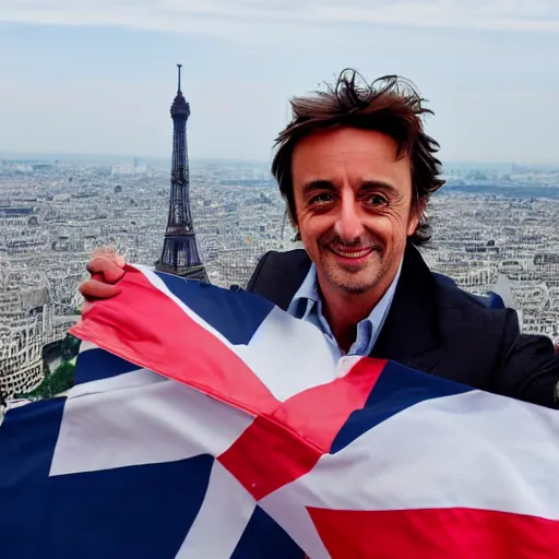 Image similar to Richard Hammond holding up the flag of america on top of the eiffel tower