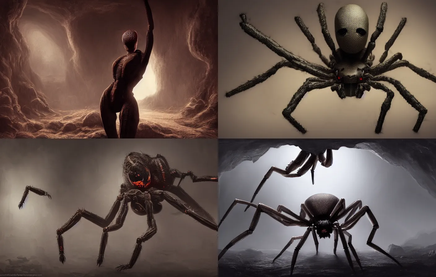 Prompt: creepy matte painting of an armored humanoid female spider monster with eight spider legs in a dark cave, ultra detailed, monster, half human half spider, human torso and head, human face, human arms, spider thorax, creature design, concept art, 8 k, moody lighting, muted colors, dramatic lighting, realistically proportioned face