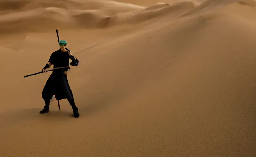 Image similar to roronoa zoro in sand dunes, photography