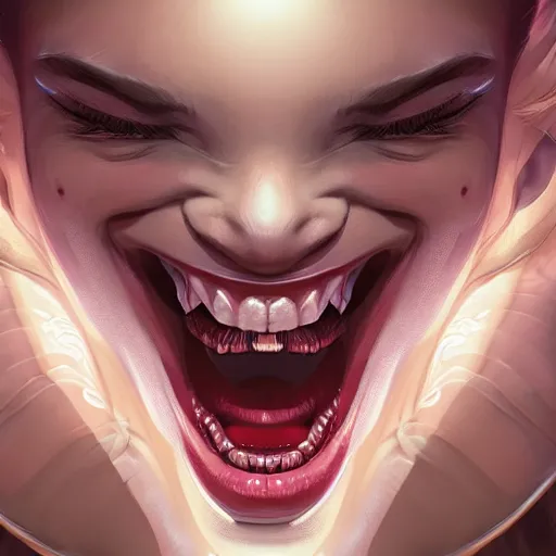 Image similar to wide open wife mouth, close - up, cry, cruelty, defiant, pin - up, full lips, symmetrical teeth, light effect, hyper detailed, intricate, elegant, highly detailed, digital painting, artstation, concept art, matte, sharp focus, illustration, by dan mumford, yusuke murata, makoto shinkai, ross tran