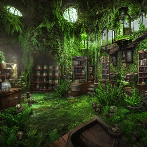 Prompt: beautiful potion shop in a lush forest, dark fantasy, alchemy, glass bottles, highly detailed, 4k realistic, cryengine