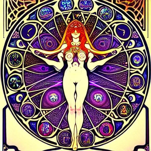 Image similar to psychedelic sacred geometry, intricate, sophisticated, ultra realistic, incredibly detailed, diagram, illustration, trending on artstation, art by alphonse mucha