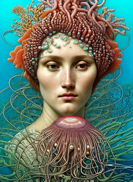 Image similar to hyperrealistic detailed underwater face portrait of the beautiful goddess of the jellyfish with an intricate headgear of corals, sea kelp, sea plants, fish, starfish, jellyfish, art by ernst haeckel, john william godward, android jones, alphonso mucha, gothic - cyberpunk, ornamental, beautiful deep colours,