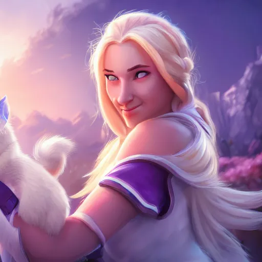 Prompt: jaina proudmoore pets a white kitty, world of warcraft, digital art, dmitry prozorov style, artstation, cute, happy, extremely detailed, volumetric lighting, ultra quality, 8 k