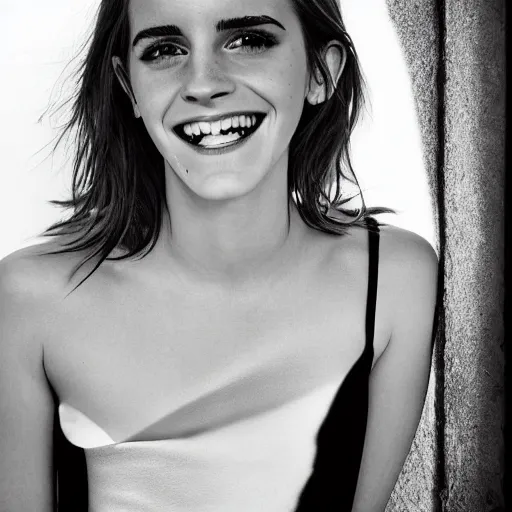 Image similar to Emma Watson closeup of face shoulders and very long hair hair grinning grinning teeth Vogue fashion shoot by Peter Lindbergh fashion poses detailed professional studio lighting dramatic shadows professional photograph by Cecil Beaton, Lee Miller, Irving Penn, David Bailey, Corinne Day, Patrick Demarchelier, Nick Knight, Herb Ritts, Mario Testino, Tim Walker, Bruce Weber, Edward Steichen, Albert Watson