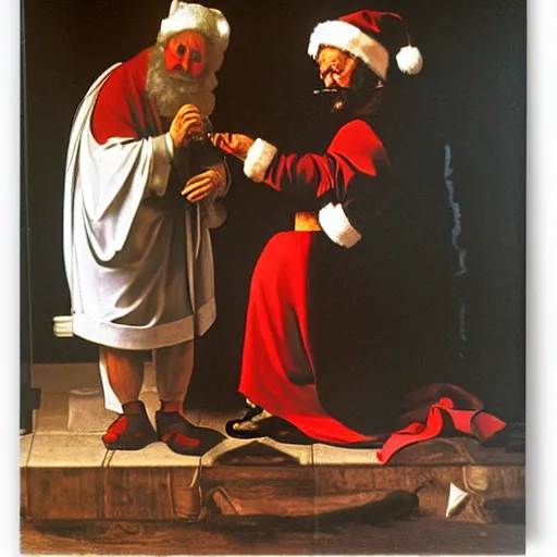 Prompt: Father Christmas pouring gasoline over a Christmas tree Painted by Caravaggio