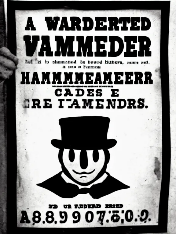 Image similar to a wanted poster for the hamburglar, 1 8 7 6