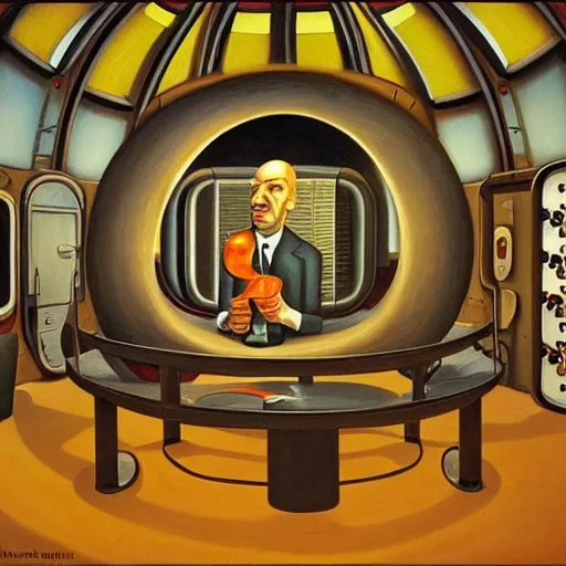 Image similar to portrait of an evil mastermind inside a dome - shaped control center, evil lair, pj crook, grant wood, oil on canvas