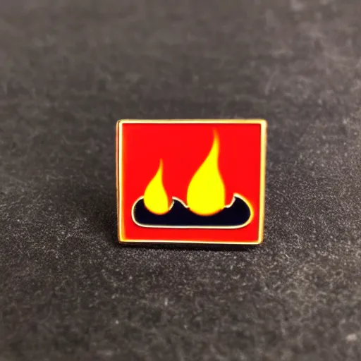 Prompt: a retro minimalistic rhombus enamel pin of a retro minimalistic flame fire warning label, smooth curves