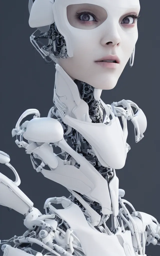 Image similar to white one cast futuristic biomechanics futuristic humanoid, beautiful face, female, futuristic, neon lights, cyberpunk, 8 k, digital painting, by beeple and makoto shinkai, trending on cg society, glamour pose, fashion photography, high fashion, canon r 3, photorealistic, hyper realistic, full body, wide angle shot