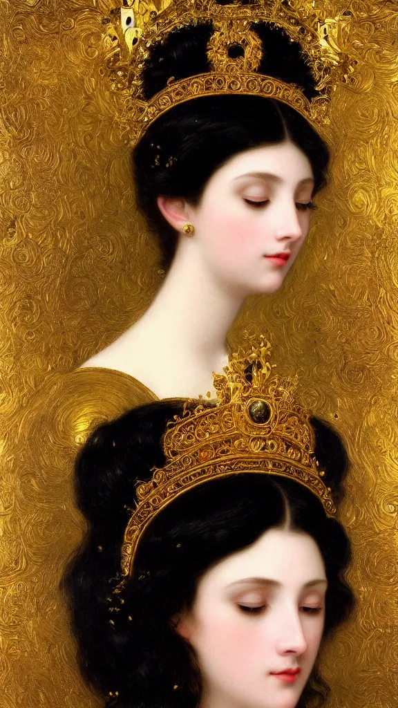 Image similar to painting portrait of a beautiful black haired woman with pale skin and a crown on her head sitted on an intricate metal throne, intricate, elegant, digital painting, smooth, sharp focus, shiny gold, realistic gold, realistic metal, by william - adolphe bouguereau and gustav klimt,