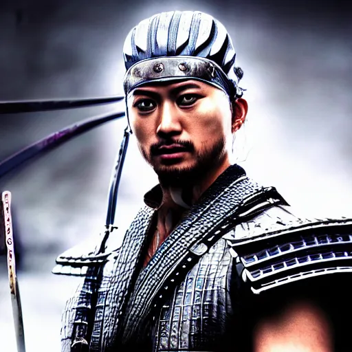 Image similar to ultrarealistic portrait photography android samurai 47 ronin cyberpunk white background