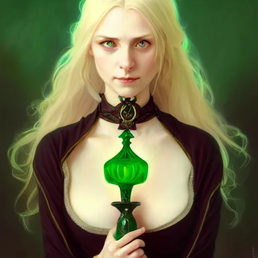 Prompt: Portrait of seductive female priest, D&D, green eyes, choker on neck, long blonde hair, slight nerdy smile, fantasy, intricate, elegant, highly detailed, digital painting, artstation, concept art, smooth, sharp focus, illustration, art by artgerm and greg rutkowski and alphonse mucha