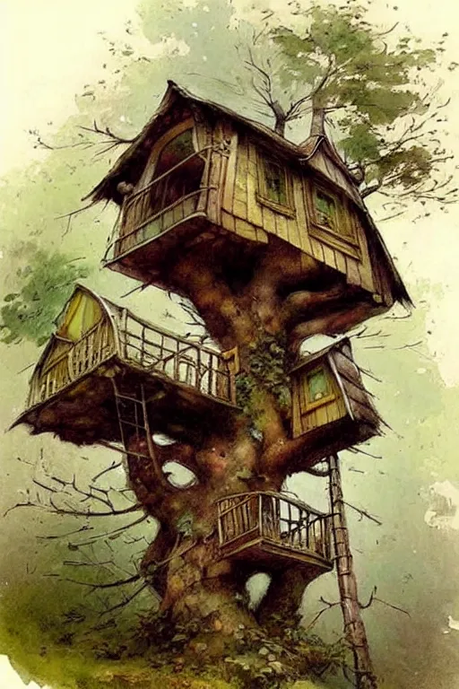 Image similar to (((((1950s fairy tale cottage tree house . muted colors.))))) by Jean-Baptiste Monge !!!!!!!!!!!!!!!!!!!!!!!!!!!