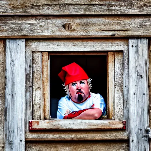 Prompt: guy fieri lawn gnome looking in through the window, realistic 4k photo, dramatic, ominous