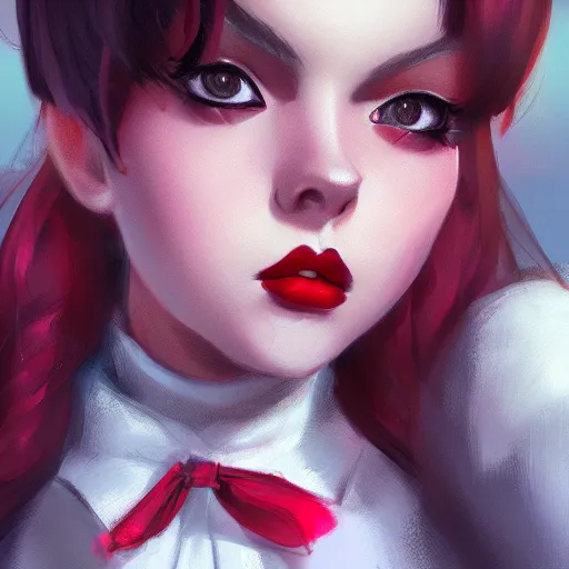 Prompt: a girl wearing lolita clothes, red lipstick, ponytail, highly detailed, digital painting, artstation, concept art, smooth, sharp focus, illustration