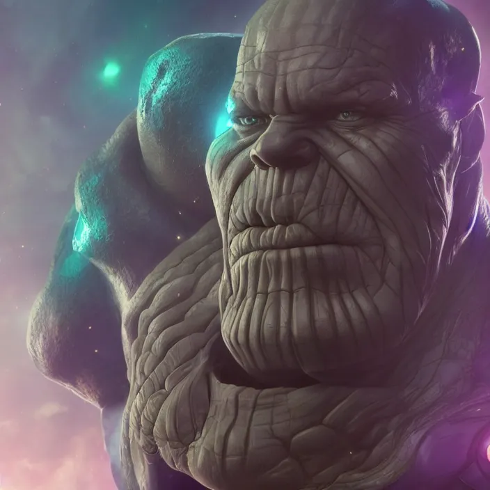 Image similar to thanos, au naturel, hyper detailed, digital art, trending in artstation, cinematic lighting, studio quality, smooth render, unreal engine 5 rendered, octane rendered, art style by klimt and nixeu and ian sprigger and wlop and krenz cushart