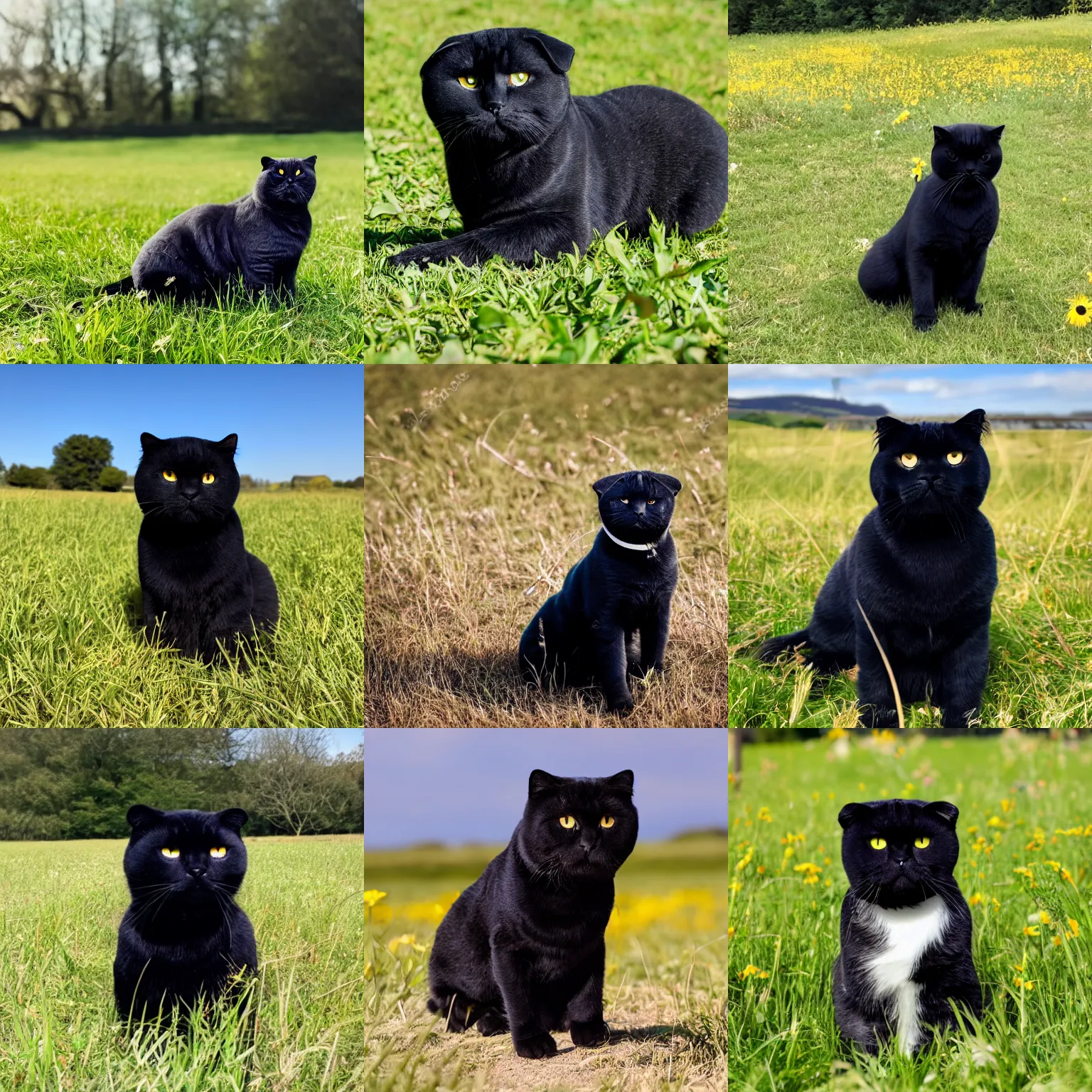 Prompt: black scottish fold sitting in the middle of sunny meadow