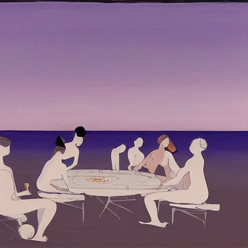 Prompt: A beautiful computer art of a group of people on a beach. The colors are muted and the overall tone is serene. The people are all engaged in different activities, from reading to playing games, and the artwork seems to be capturing a moment of peace and relaxation. pale violet, Aztec by Robert Motherwell, by Kitty Lange Kielland jaunty