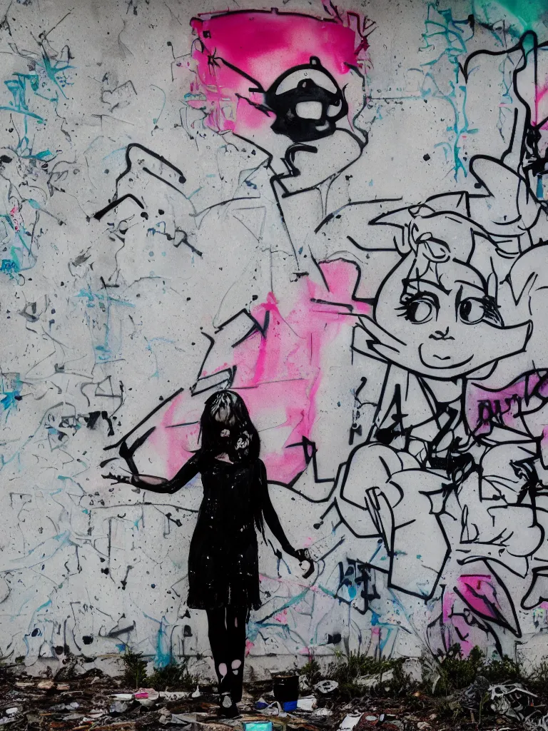 Prompt: graffiti in an abandoned overgrown warehouse, cute fumo plush gothic black enigmatic maiden girl painted in spilt ink and washed watercolor, avant garde pop art, captured on canon eos r 6