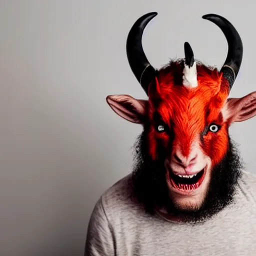 Image similar to a man with small goat horns growing from his head. glowing red eyes and sharp teeth. portrait photography, studio lighting, cinematic, chilling 4 k