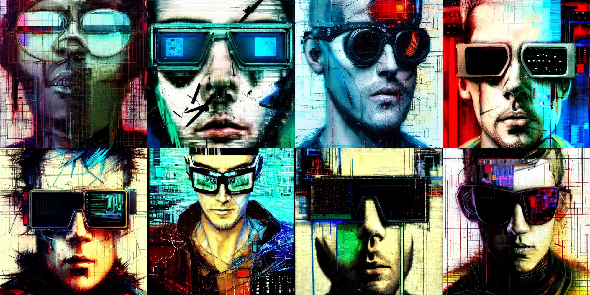 Prompt: hyperrealistic portrait of a cyberpunk character that can see the future, male, by Guy Denning, Johannes Itten, Russ Mills, glitch art, hacking effects, glitch effects, cyberpunk sunglasses, detailed lines, polished, smooth, color blocking, oil on canvas, highly detailed, artistic, front view, symmetrical, octane, concept art, abstract, 8k, cinematic, trending on artstation
