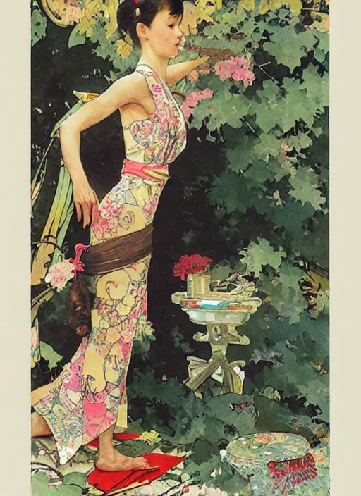 Image similar to an art nouveau copic maker illustration of a girl doing yoga wearing a kimono by norman rockwell and john berkey and stanley lau,