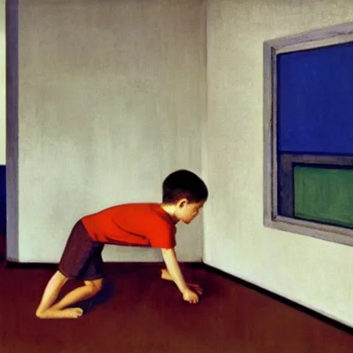 Image similar to a boy playing in a singaporean hdb flat, by edward hopper