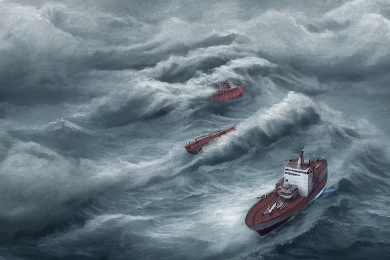 Image similar to merchant ship fleet in a storm, in the style of vernon grant and chris van allsburg, raging stormy sea, trending on artstation, bright tilt - shift camcorder effect, photoshop, retrowave, hyperrealism, octane, sharp focus, masterpiece