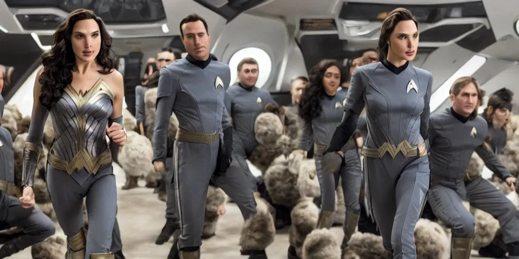 Image similar to Gal Gadot and Tribbles, Tribbles and more Tribbles in a scene in the next Star Trek movie