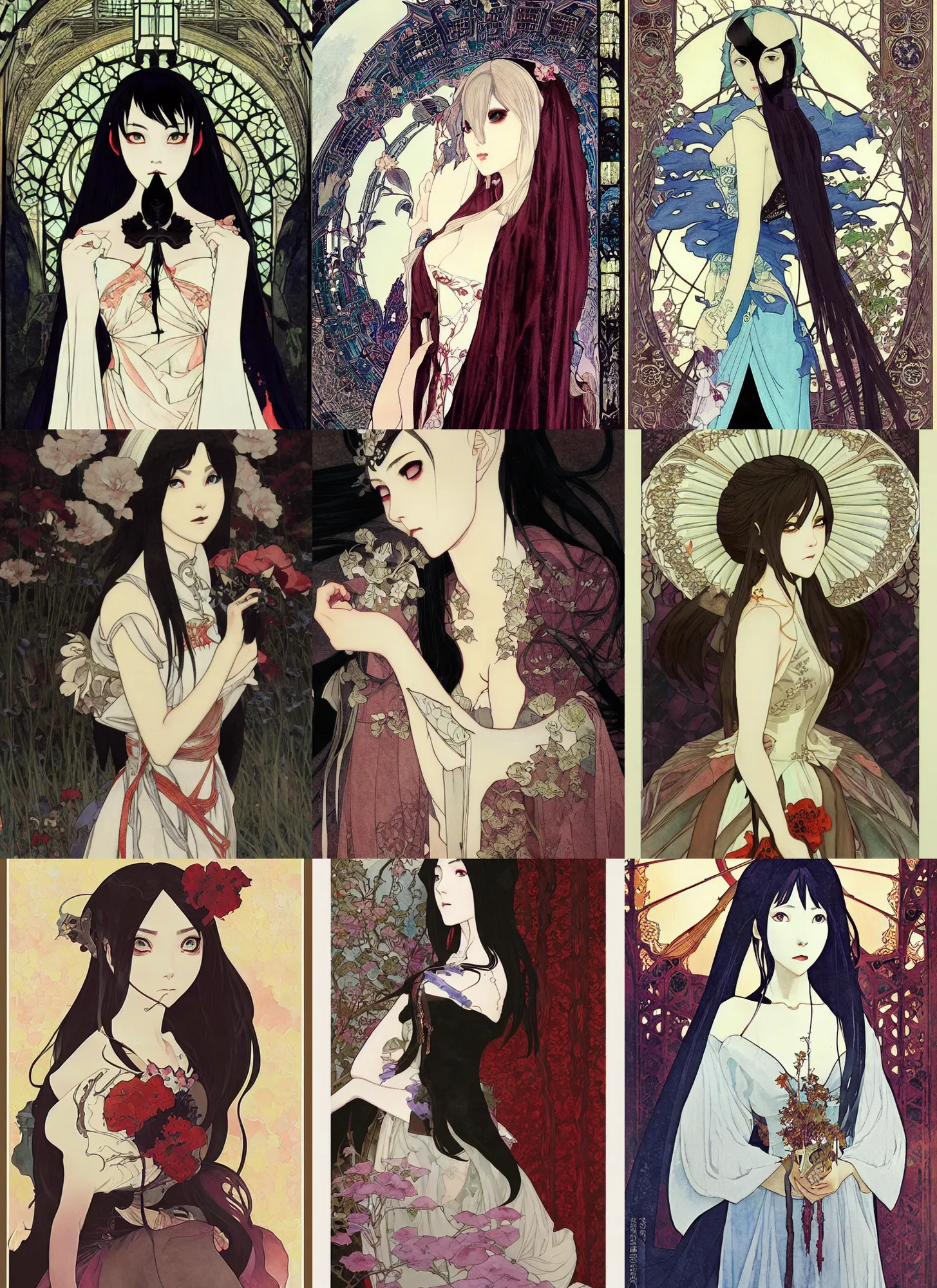 Prompt: Portrait of a female vampire in an elaborate gothic gown, beautiful face, highly detailed, Japanese watercolor, by Makoto Shinkai and Hayao Miyazaki, by Ilya Kuvshinov and Alphonse Mucha and Andrei Riabovitchev