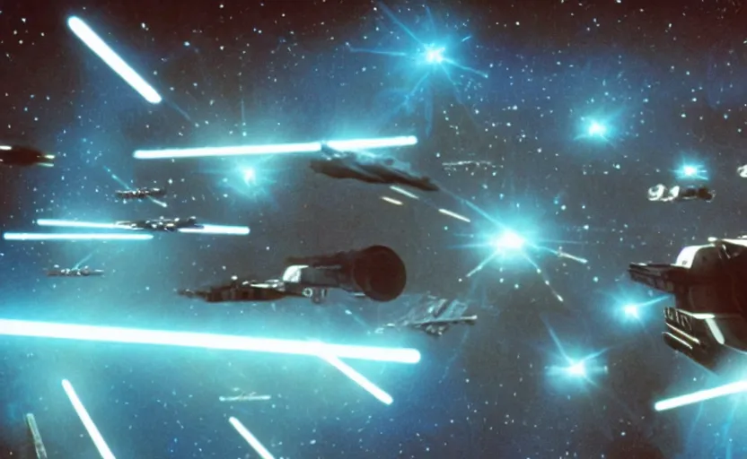 Image similar to iconic cinematic screen shot of fleet of x wing star fighters from the 1 9 8 0 s star wars sci fi film by stanley kubrick, optical glowing lasers, volumetric light, full of detail, 4 k uhd, kodak film stock, anamorphic lenses 2 4 mm, lens flare, iconic cinematography, award winning